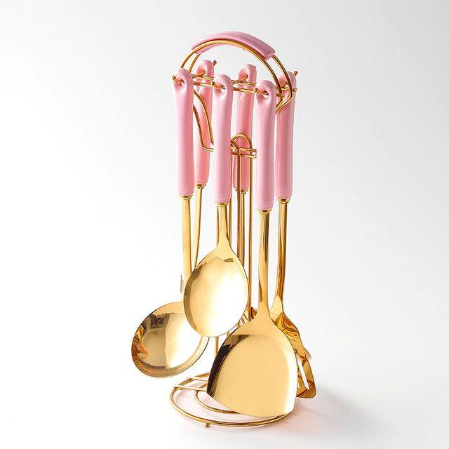 Luxe gouden keukengerei-set - 7-delig met Lattea-standaard