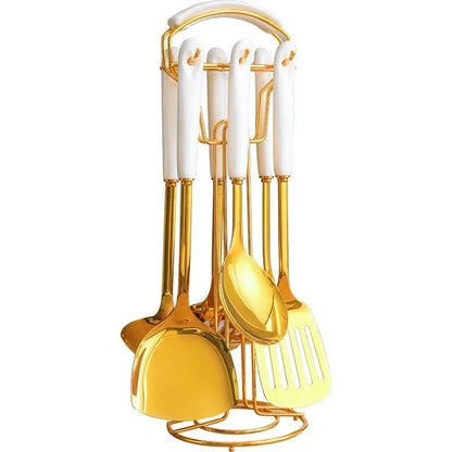 Luxe gouden keukengerei-set - 7-delig met Lattea-standaard