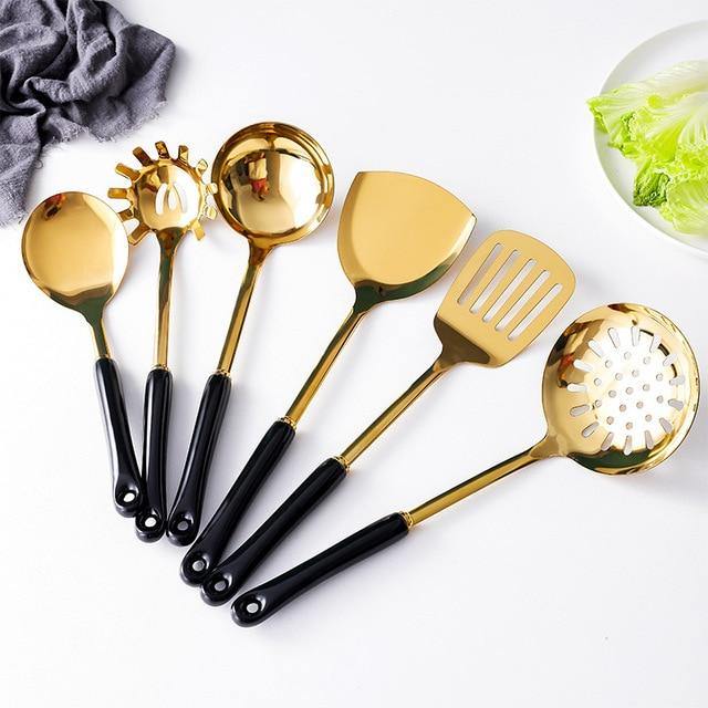Luxe gouden keukengerei-set - 7-delig met Lattea-standaard