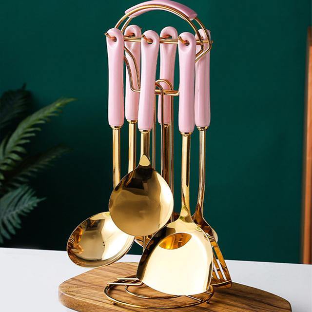 Luxe gouden keukengerei-set - 7-delig met Lattea-standaard