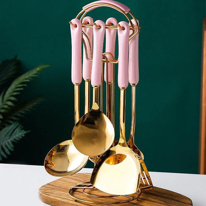 Luxe gouden keukengerei-set - 7-delig met Lattea-standaard