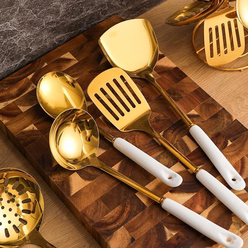 Luxe gouden keukengerei-set - 7-delig met Lattea-standaard
