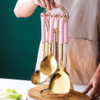 Luxe gouden keukengerei-set - 7-delig met Lattea-standaard