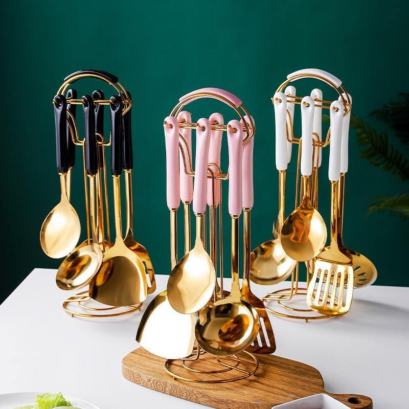 Luxe gouden keukengerei-set - 7-delig met Lattea-standaard
