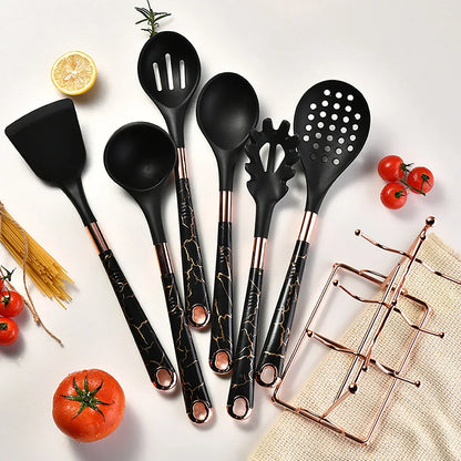 Set de utensilios de cocina de 7 piezas - Oro rosa - Incluye soporte para cucharas - Elegante y funcional