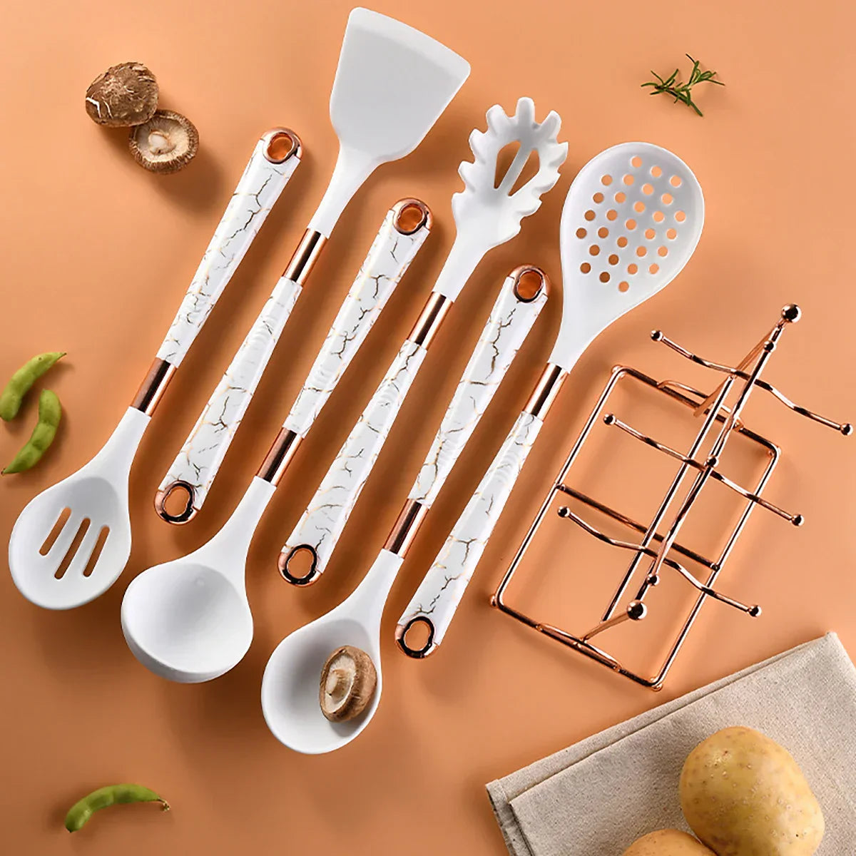 Set de utensilios de cocina de 7 piezas - Oro rosa - Incluye soporte para cucharas - Elegante y funcional