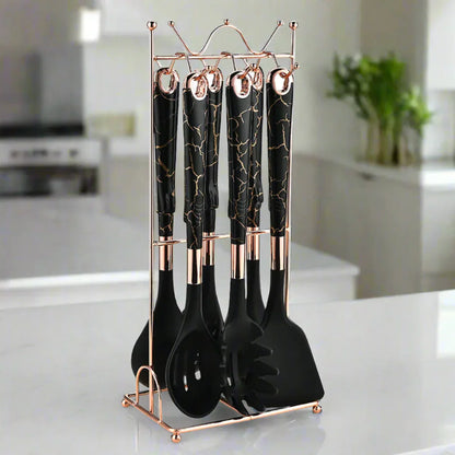 Set de utensilios de cocina de 7 piezas - Oro rosa - Incluye soporte para cucharas - Elegante y funcional