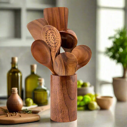 Set de utensilios de cocina de madera de teca - Duradero - Elegante - Funcional