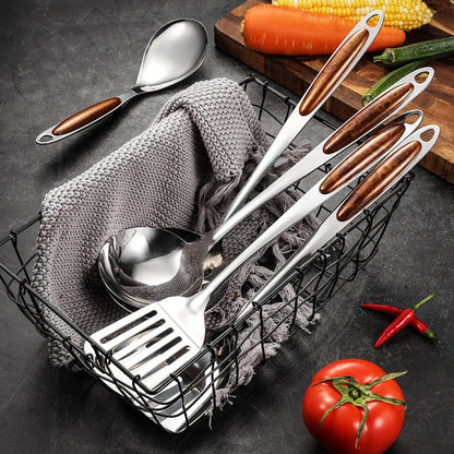 Stainless Steel Kitchen Utensil Set - 7-Piece - Wooden-Look Handles - Durable and Stylish