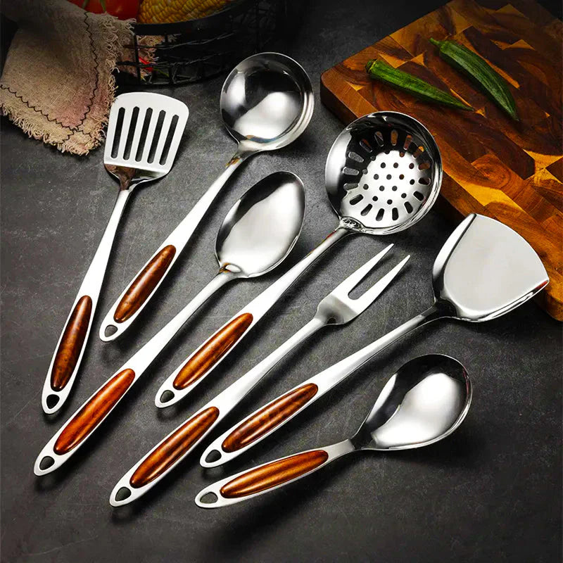 Stainless Steel Kitchen Utensil Set - 7-Piece - Wooden-Look Handles - Durable and Stylish