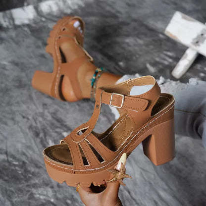 Heeled sandals with T-strap