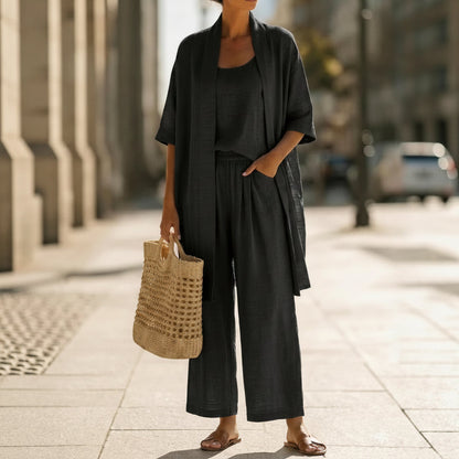 Set da donna con cardigan, canotta e pantaloni a gamba dritta