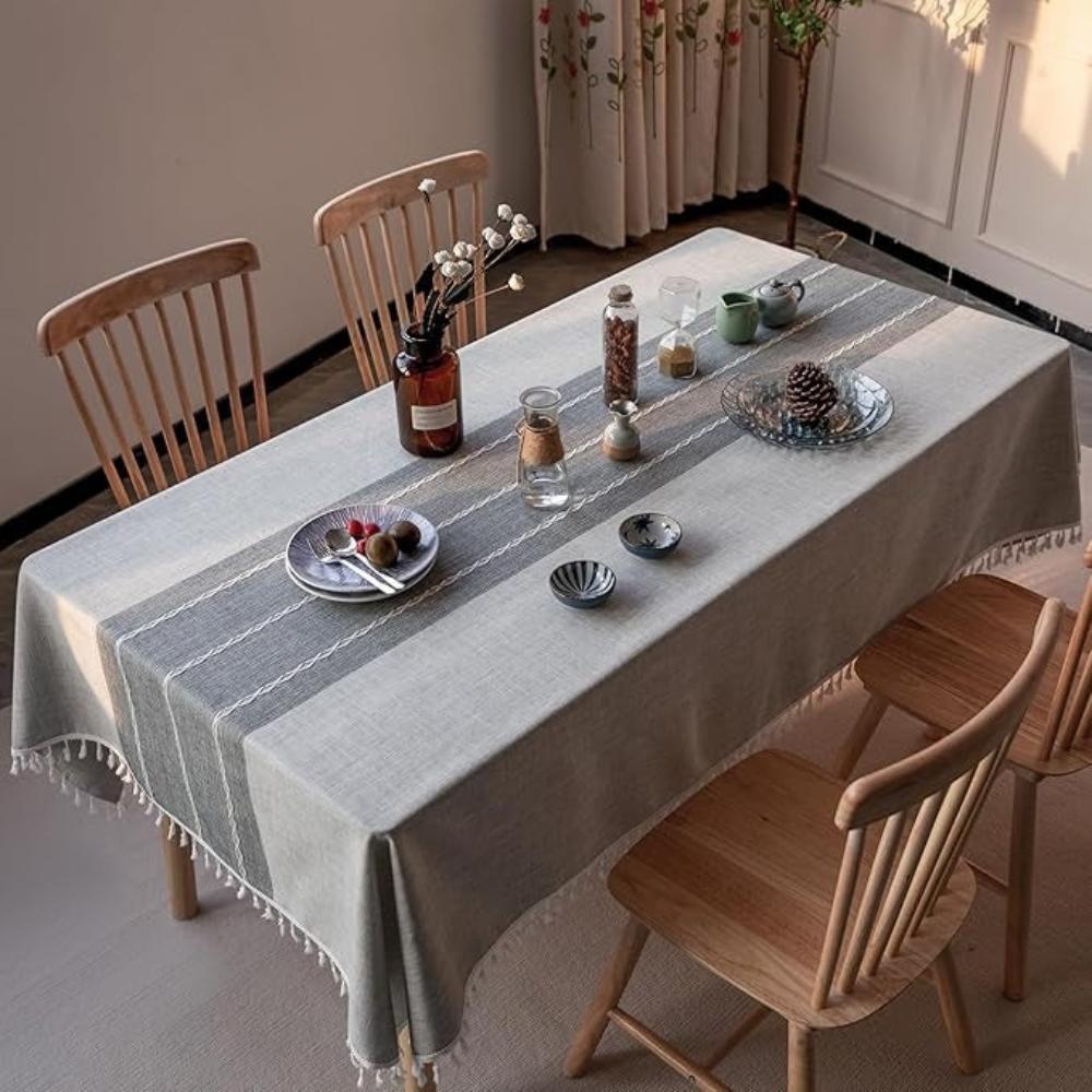 Linen Tablecloth with Geometric Pattern and Tassels
