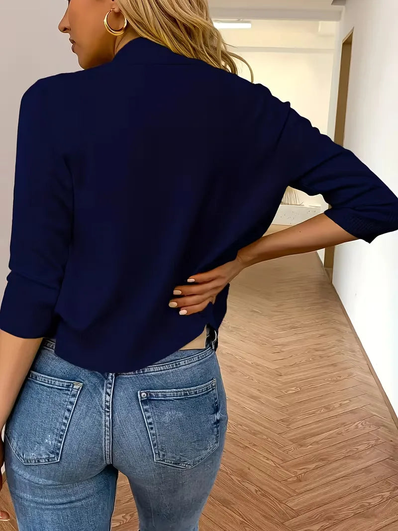 Cardigan violet ouvert devant, manches 3/4