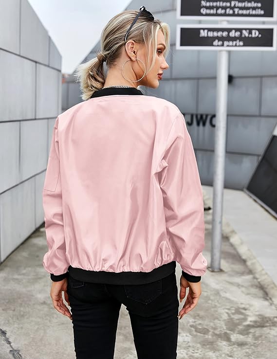 Women's Bomber Jacket with Zip, Sleeve Pocket and Ribbed Cuffs