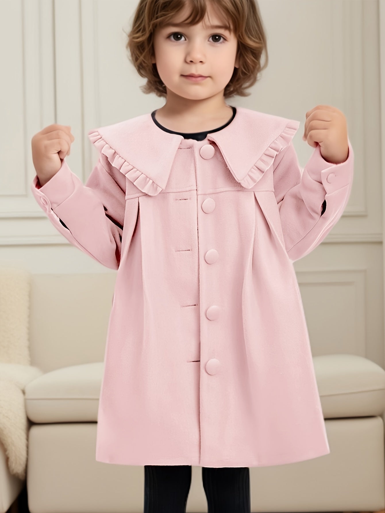Girls' Elegant Button Closure Warm Coat with Ruffled Collar - Lily