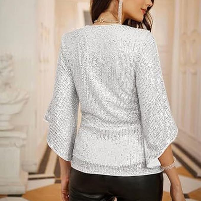 Festive Glitter Sequin Ladies Blouse with V-Neck