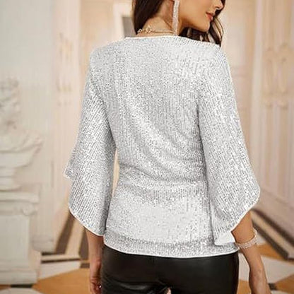 Festive Glitter Sequin Ladies Blouse with V-Neck