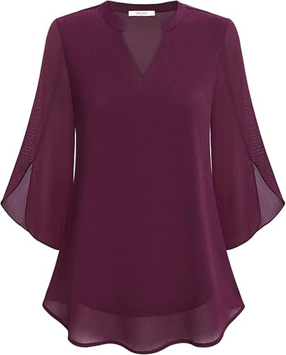 Elegant Ladies' Blouse with 3/4 Butterfly Sleeves and V-Neck