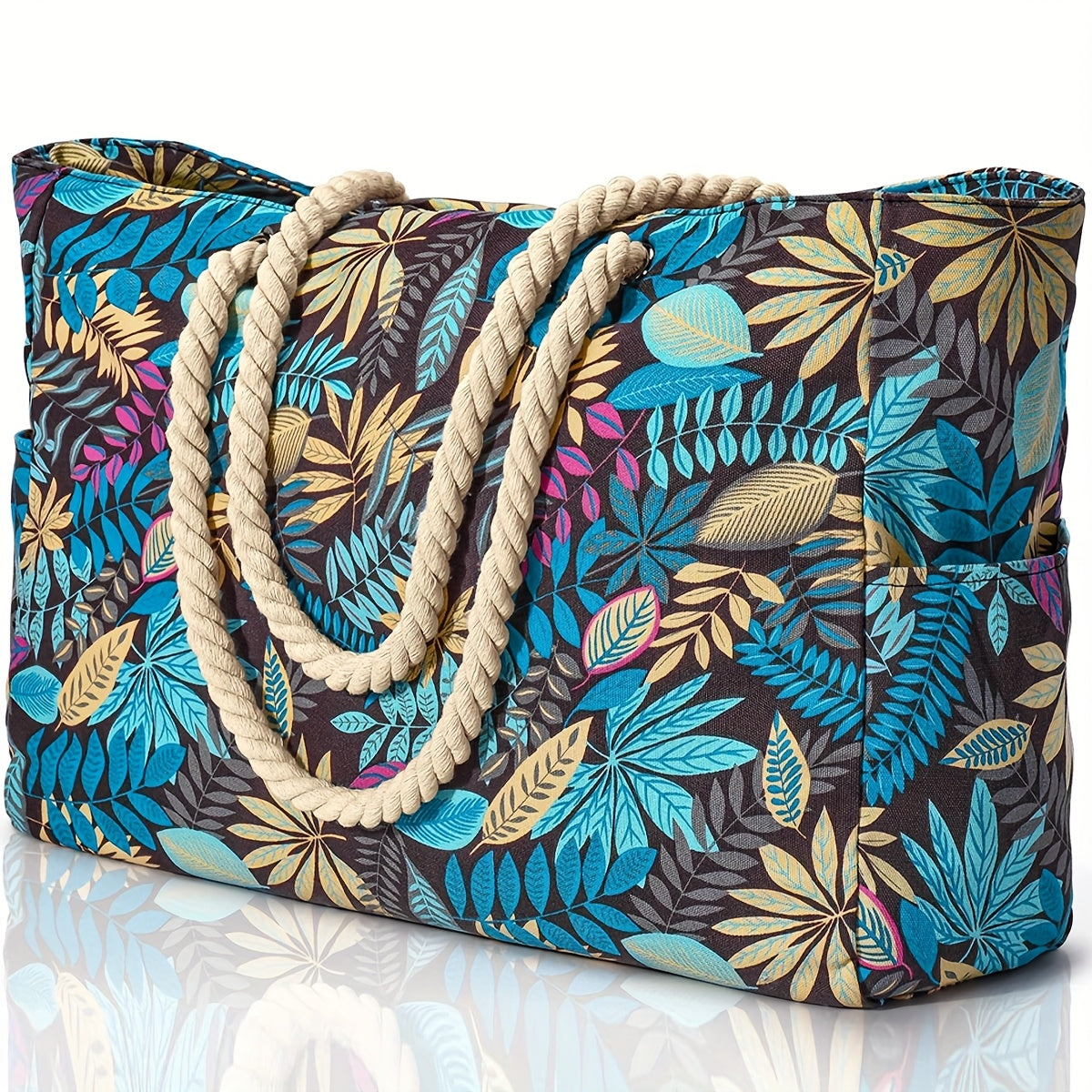 Grand sac de plage tendance à imprimé feuillage - spacieux, résistant et idéal pour les vacances