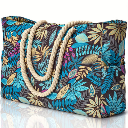 Grand sac de plage tendance à imprimé feuillage - spacieux, résistant et idéal pour les vacances