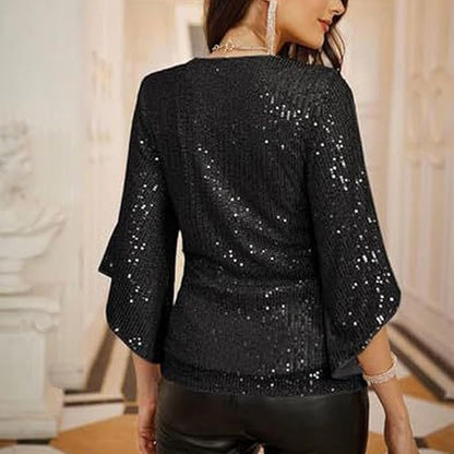 Festive Glitter Sequin Ladies Blouse with V-Neck