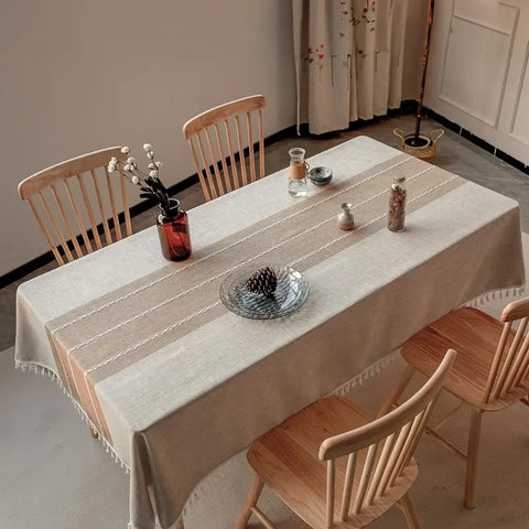 Linen Tablecloth with Geometric Pattern and Fringes
