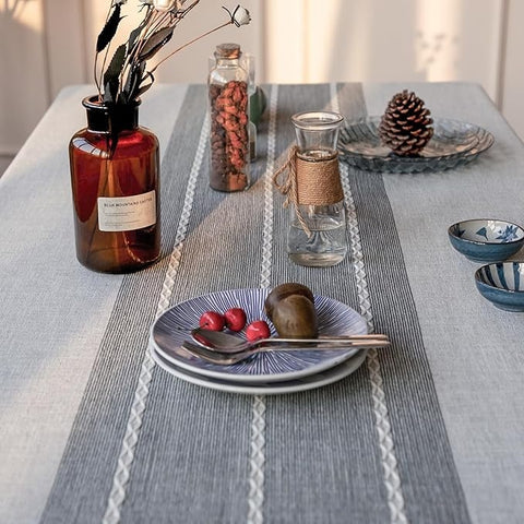 Linen Tablecloth with Geometric Pattern and Fringes
