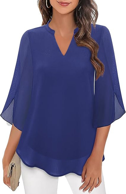 Elegant Ladies' Blouse with 3/4 Butterfly Sleeves and V-Neck
