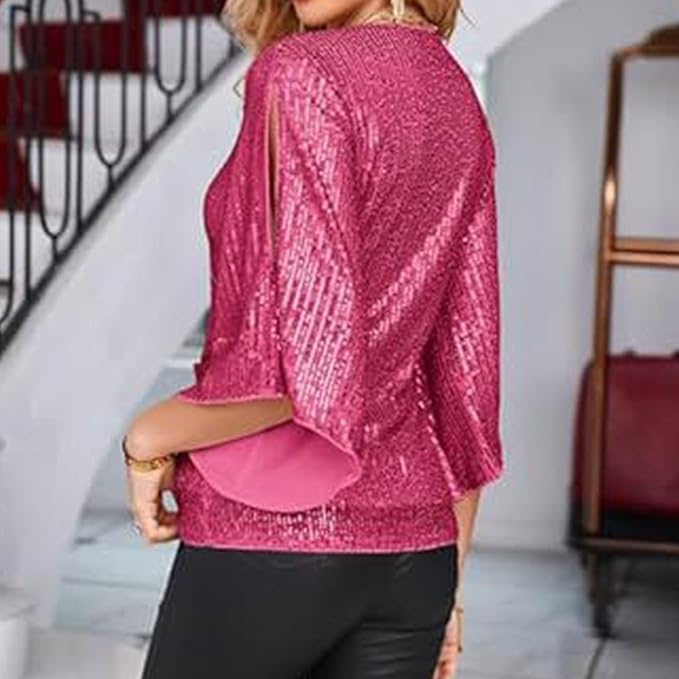 Festive Glitter Sequin Ladies Blouse with V-Neck