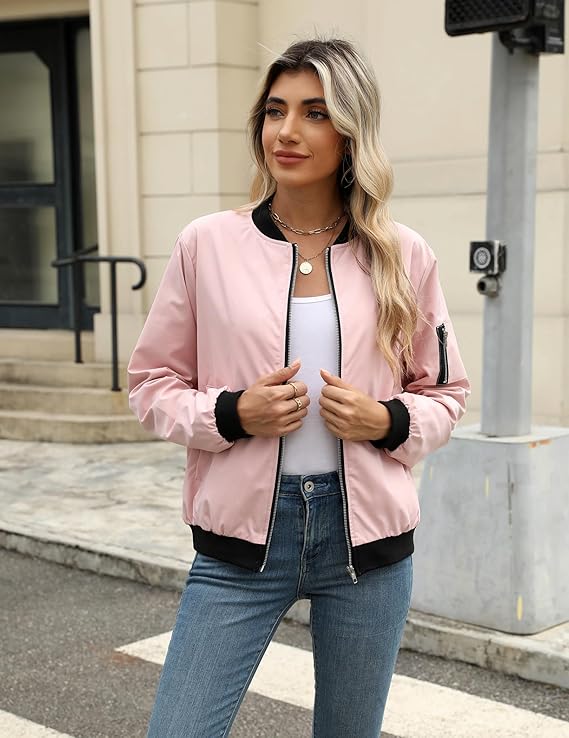 Women's Bomber Jacket with Zip, Sleeve Pocket and Ribbed Cuffs