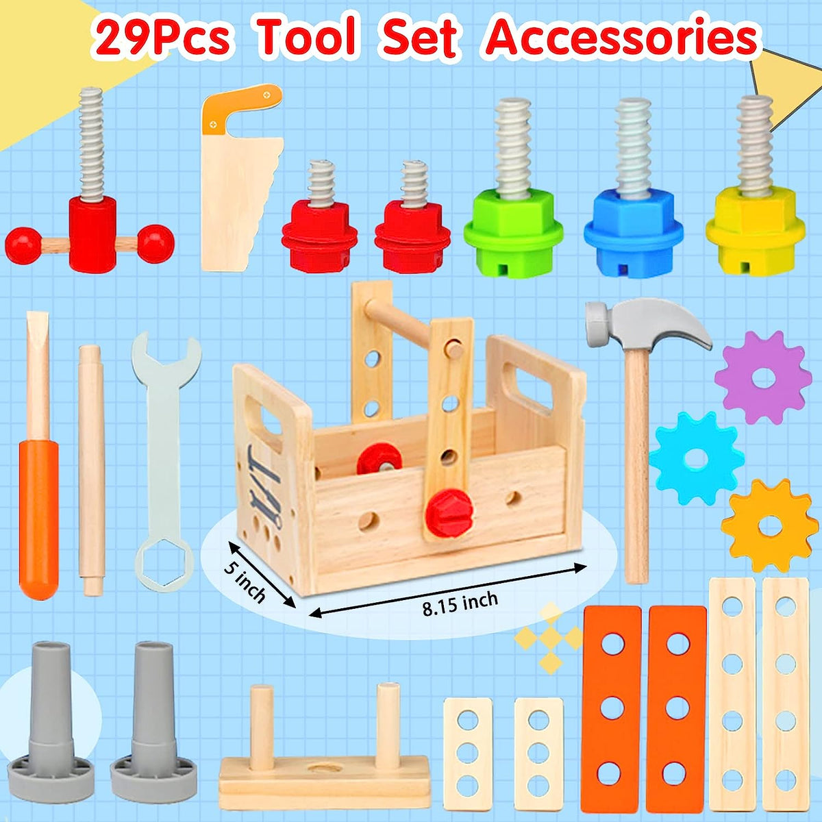 Wooden Toddler Tool Set - Creative Play Fun - Unique Toolbox