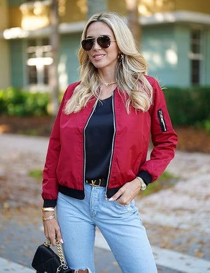 Women's Bomber Jacket with Zip, Sleeve Pocket and Ribbed Cuffs