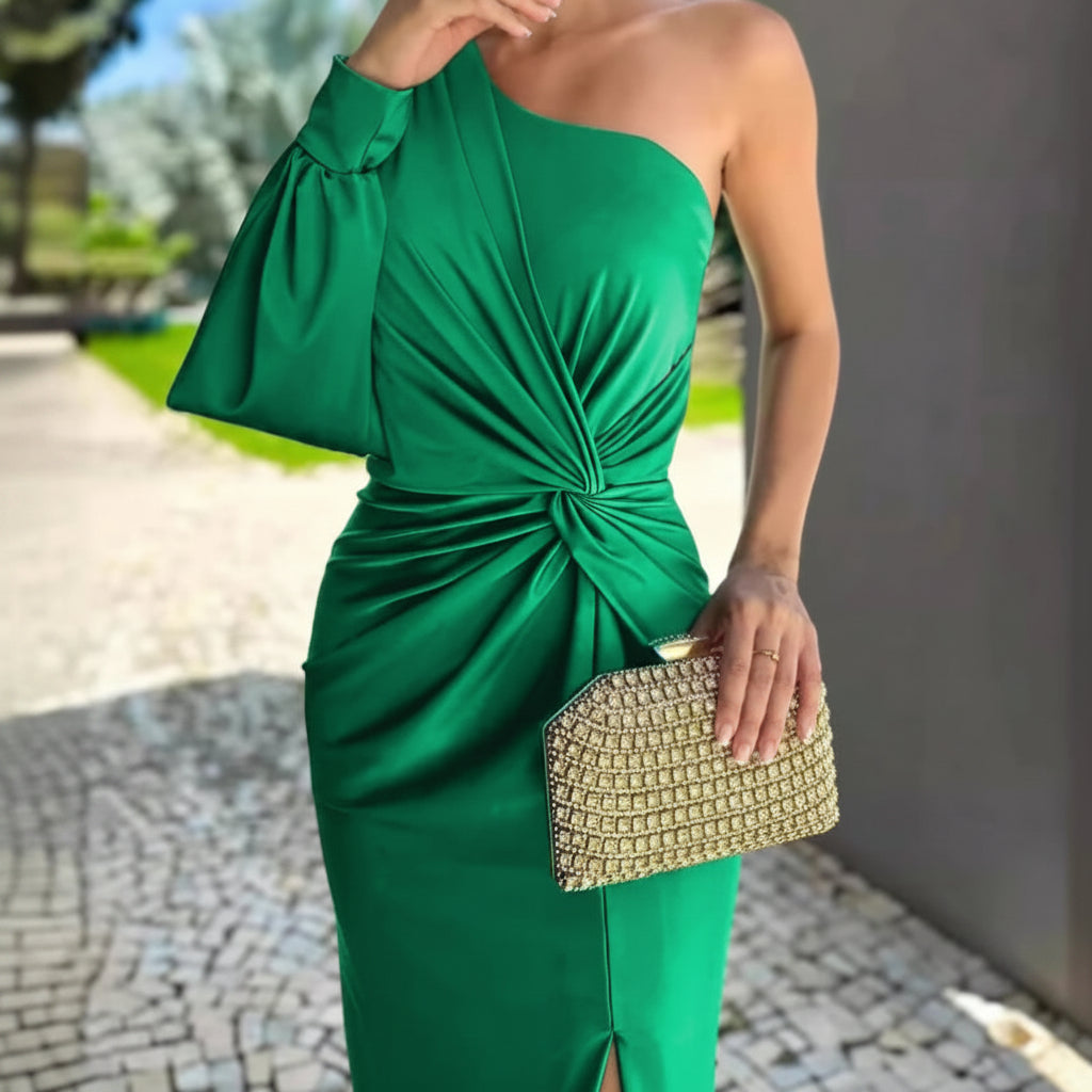 Ladies' Dress with Diagonal Shoulder Button, Split and Solid Color, Slim Fit