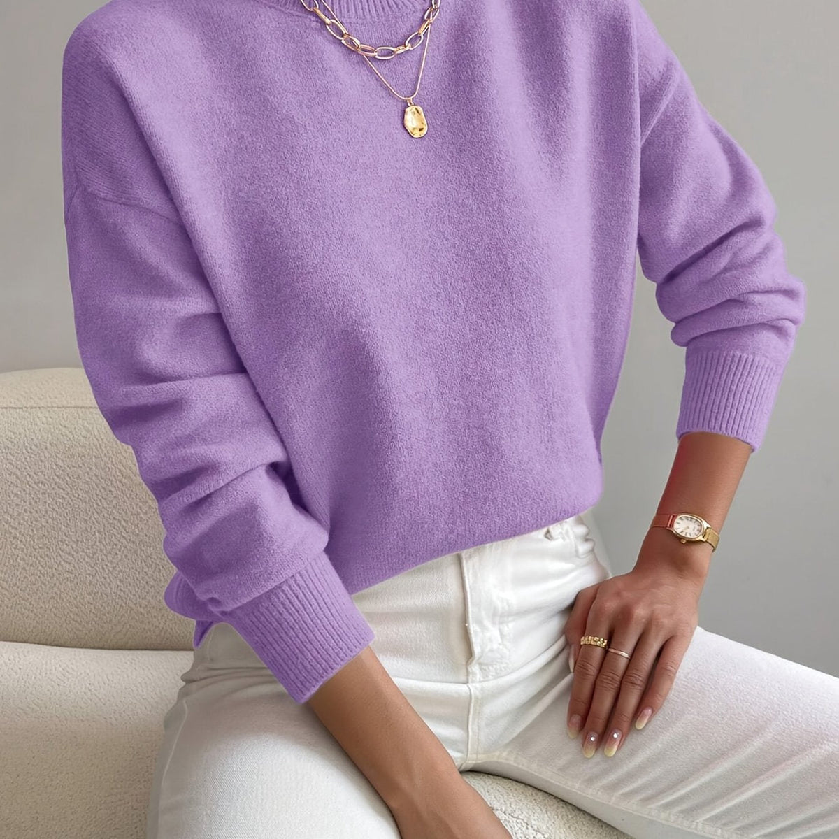 Camisola de malha para senhora, de gola subida e manga comprida, para o outono e o inverno