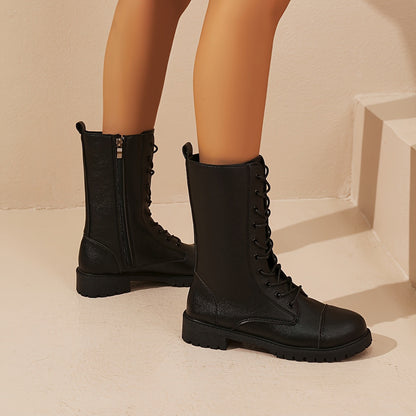 Black Ladies Lace-Up Ankle Boots with Zip Fastening and Comfortable Profile Sole