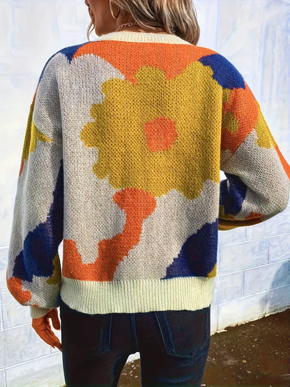 Ladies' Colourful Knitted Jumper with Round Neck and Floral Print