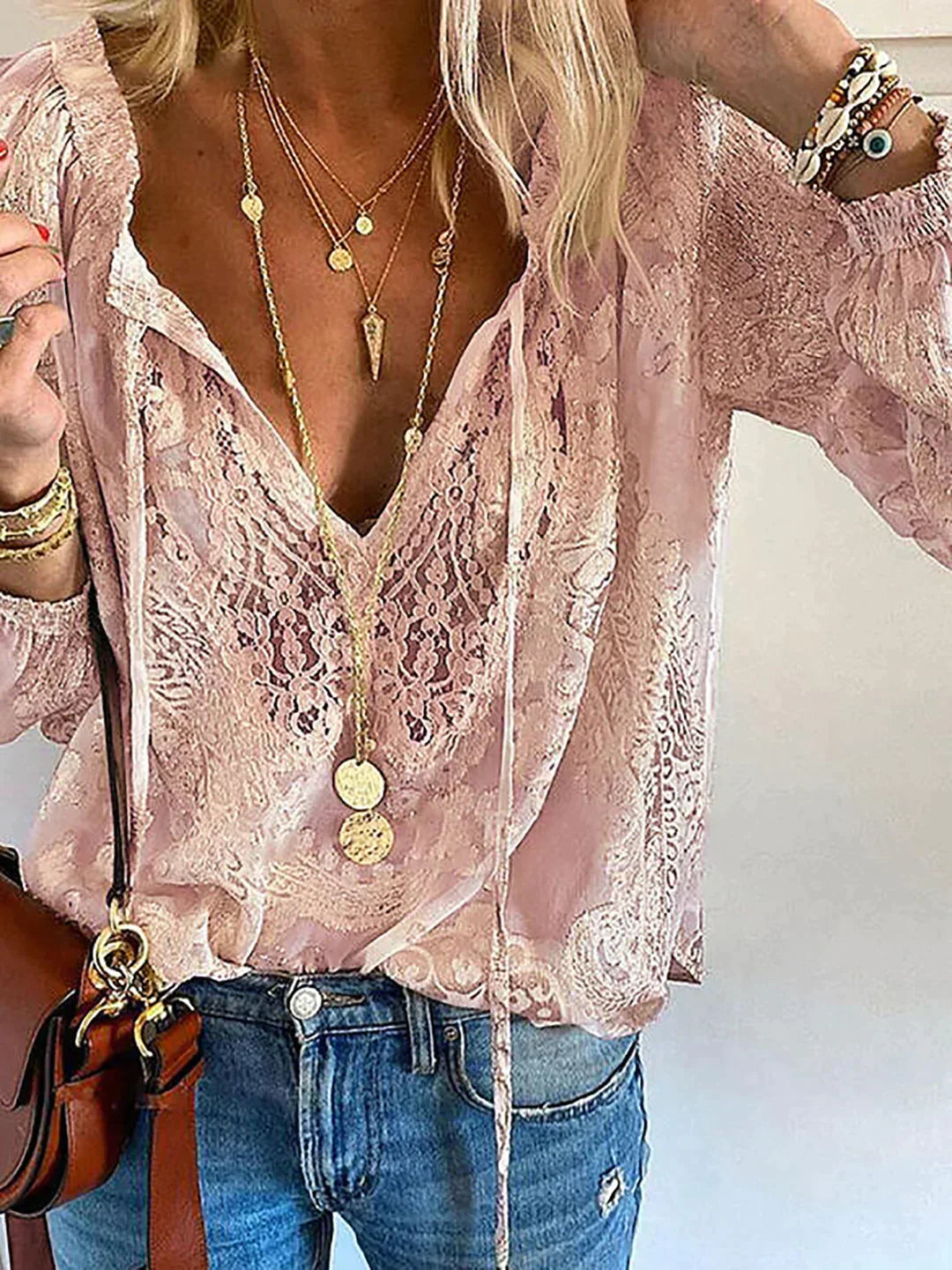 Unique Blouse with Lace Details for Women with V-Neck and Bow Closure