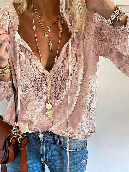 Unique Blouse with Lace Details for Women with V-Neck and Bow Closure
