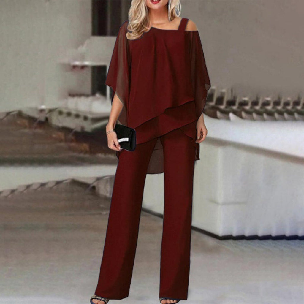 Elegant Two-Piece Women's Suit Set with Batwing Sleeve Top and Straight Pants