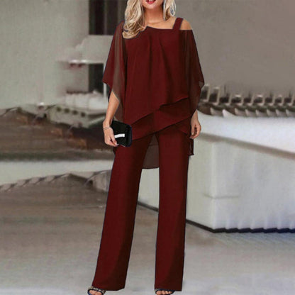 Elegant Two-Piece Women's Suit Set with Batwing Sleeve Top and Straight Pants