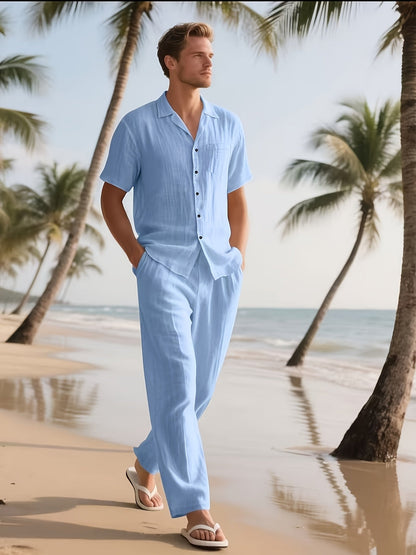 Completo casual da uomo in lino – Comodo e leggero, con pantaloni lunghi e maniche corte