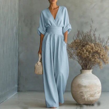 Summer Short-sleeved Jumpsuit V-neck