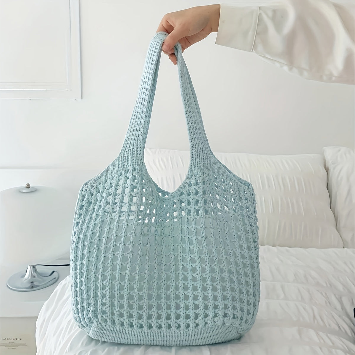 Borsa da spiaggia intrecciata a rete aperta, capiente, da donna