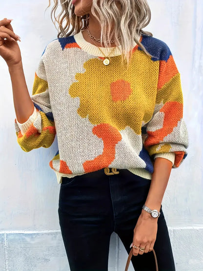 Ladies' Colourful Knitted Jumper with Round Neck and Floral Print