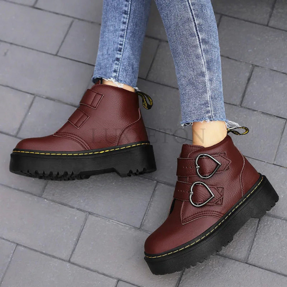 Ladies' Playful Platform Ankle Boots with Heart Buckles and Velcro