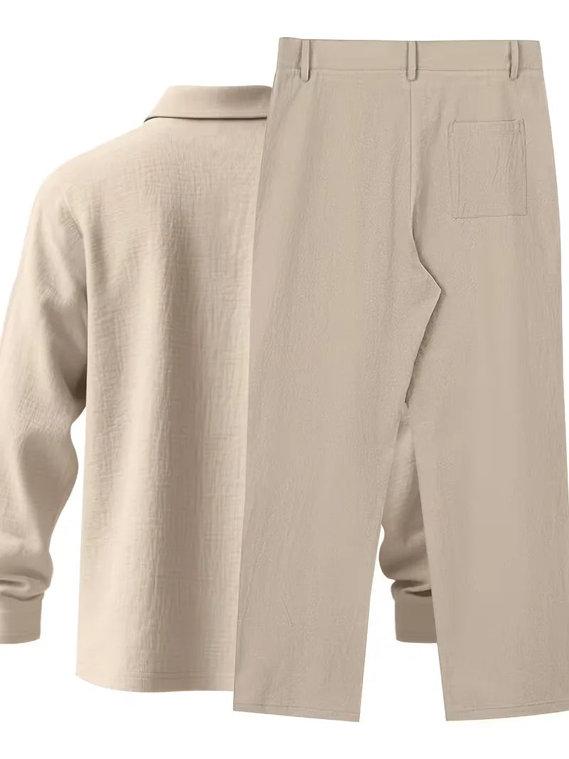 Linen suit with mandarin collar