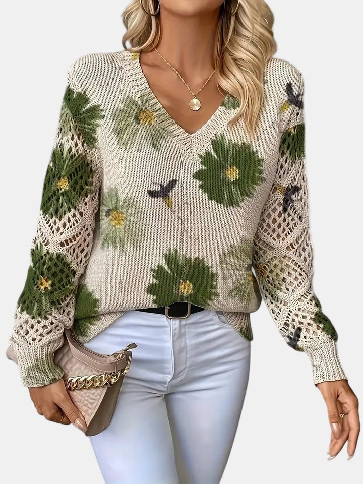 Ladies' Knitted Jumper with Floral Print and V-Neck