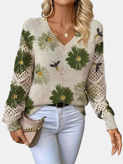 Ladies' Knitted Jumper with Floral Print and V-Neck
