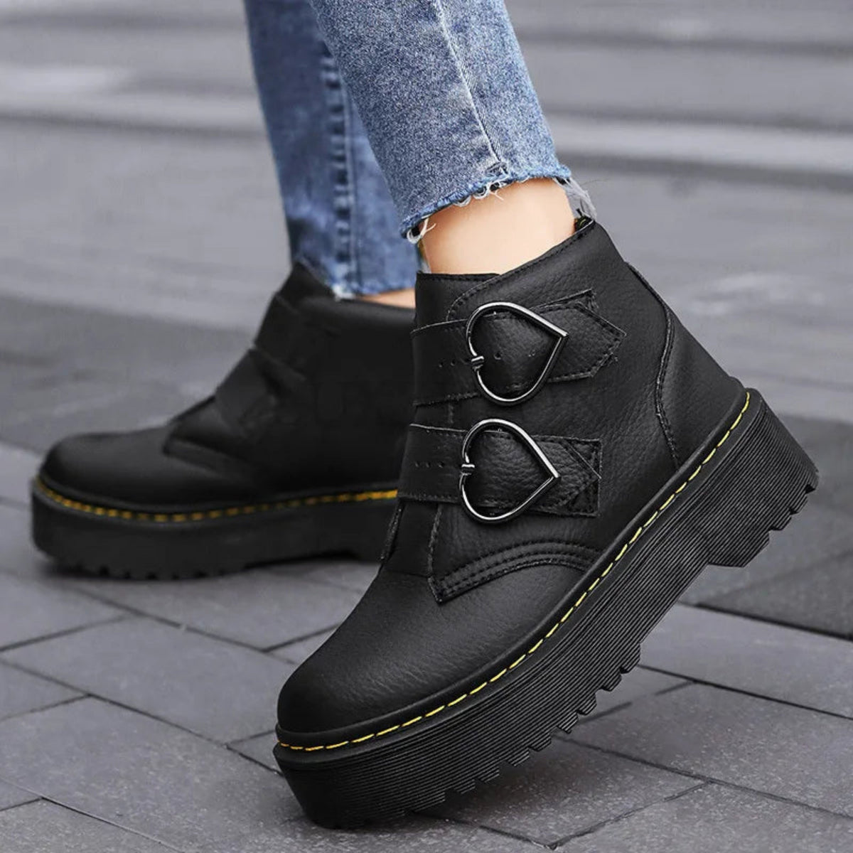 Ladies' Playful Platform Ankle Boots with Heart Buckles and Velcro
